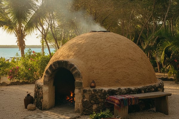Thatched dome structure with fire pit on sandy beach surrounded by palm trees and ocean view