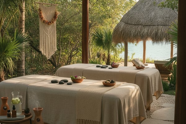 Outdoor spa pavilion with two massage tables, thatched roof structures, tropical plants, and water view beyond