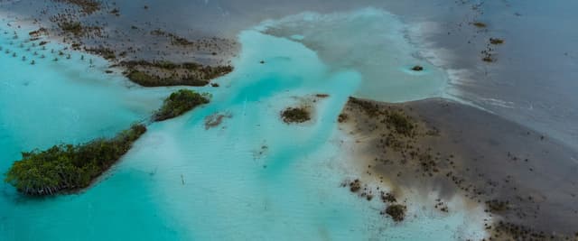 Aerial view of Bacalar's seven-shades lagoon with turquoise channels and jungle islands, Quintana Roo, Mexico