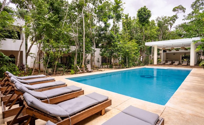 Shared pool surrounded by jungle trees with lounge chairs and villa buildings