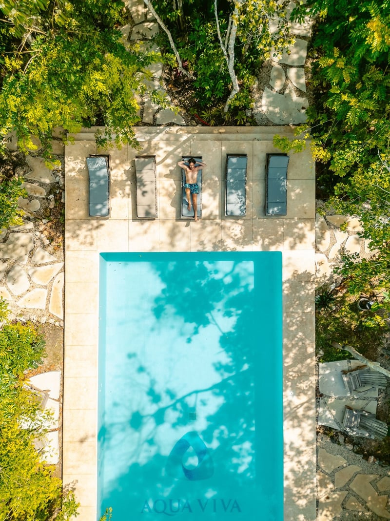Overhead view: person relaxing on a lounge chair beside a blue swimming pool in a lush, natural setting.